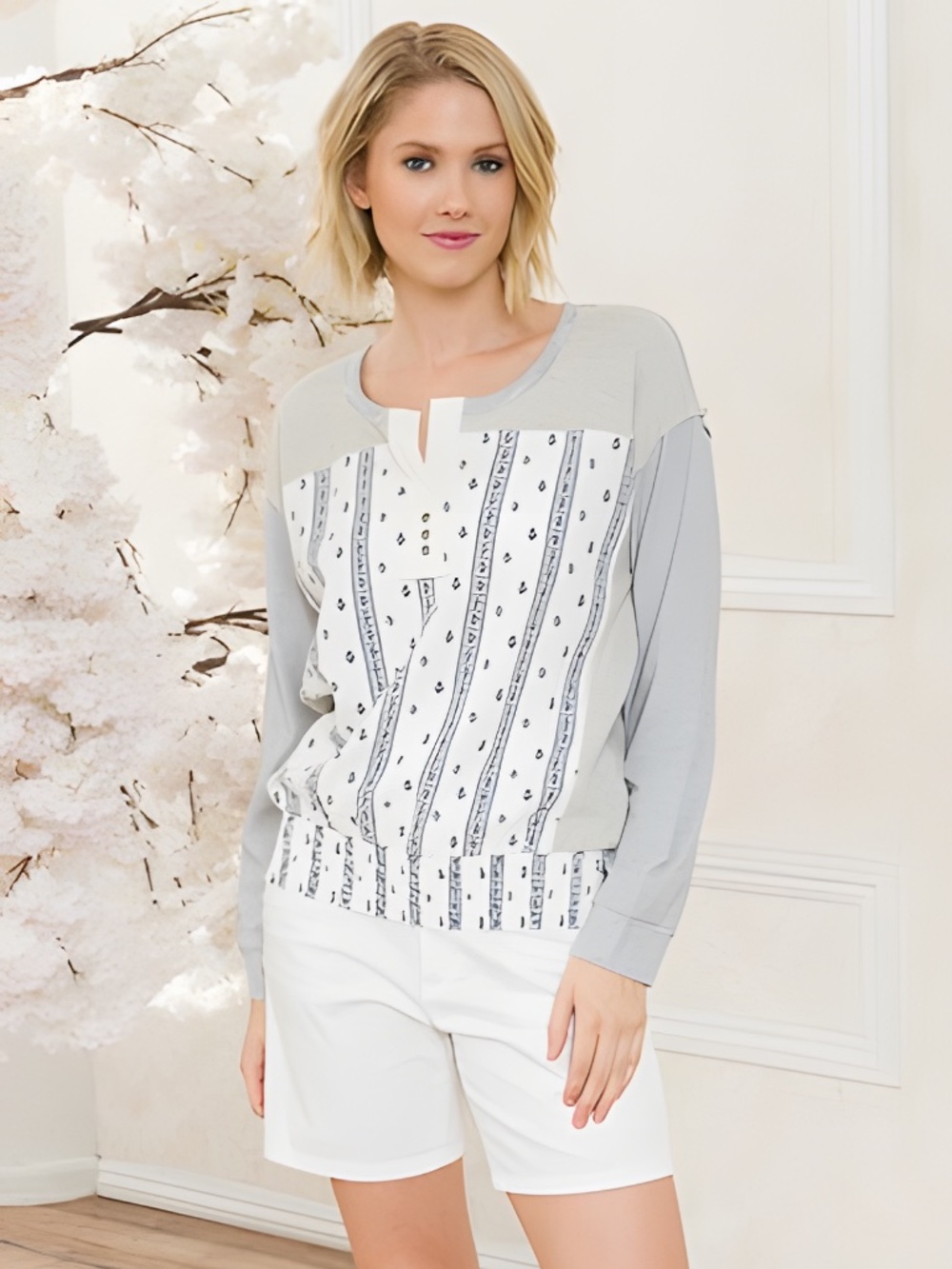 Mystree Woven Print Front Terry Pullover Long Sleeve Top